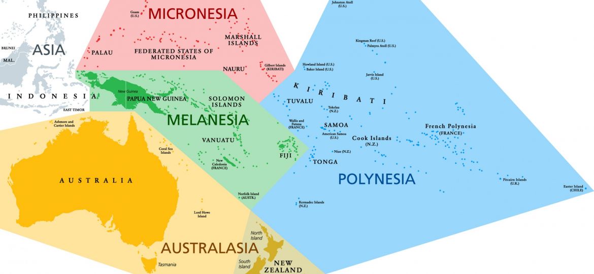 Regions,Of,Oceania,,Political,Map.,Colored,Geographic,Regions,,Southeast,Of